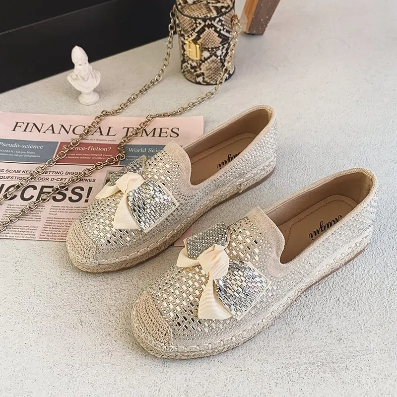 

2022 Women Crystals Espadrilles Flat Heel Hemp Shiny Loafers Luxury Woman Pearl Moccasins Slip On Lady Flats Shoes
