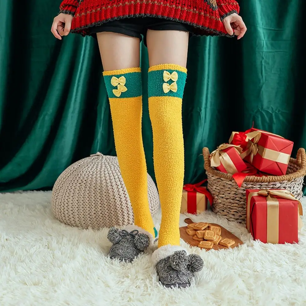 

Длинные носки с бантом, оленем, Санта-Клаусом, рождественский подарок, носки для пола из кораллового флиса в полоску, женские Чулочные изделия, рождественские чулки, хлопковые носки до середины икры