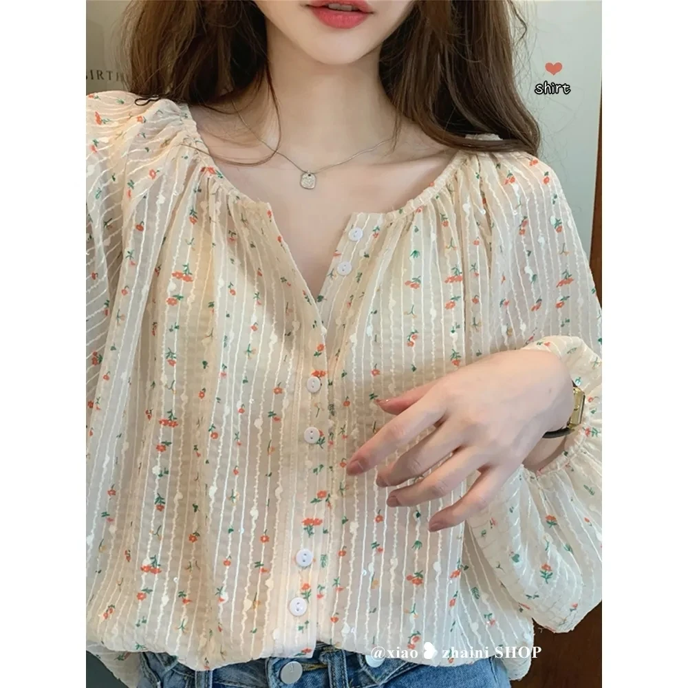 

Sweet Floral Print Chiffon Blouses Chic Women's T-Shirt Long Sleeve Design Aesthetic Loose Casual Urbane 2022 New