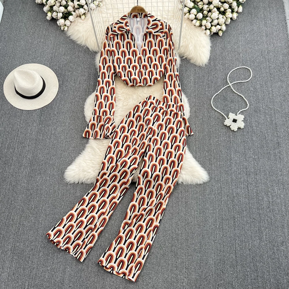

Fashion Print Pants Suit Loose Bell-sleeved Shirt Top Two-piece Set With High Waist Slim Straight Wide Leg Pants For Women Work