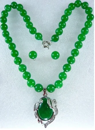 

10MM noblest green jade necklace +18KGP pendant earring set 18"AAA