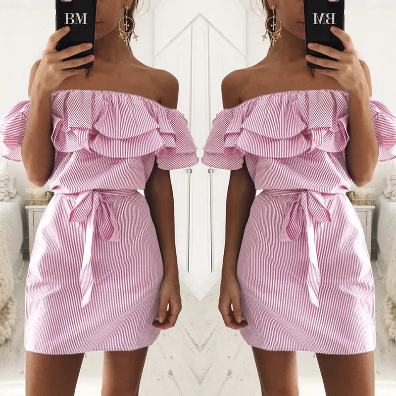 

New Summer Women Pleated Dress Slash Neck Mini Dress Fashion Female Striped Dress With Sashes Ladies Party Vestidos Cute