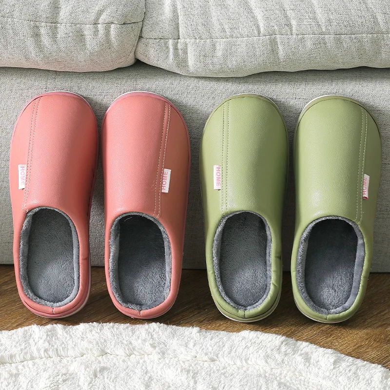 

Men And Women Couple PU Leather Slippers Solid Color Simple Home Winter Non-Slip Slippers Lady Cotton Warm Indoor Shoes