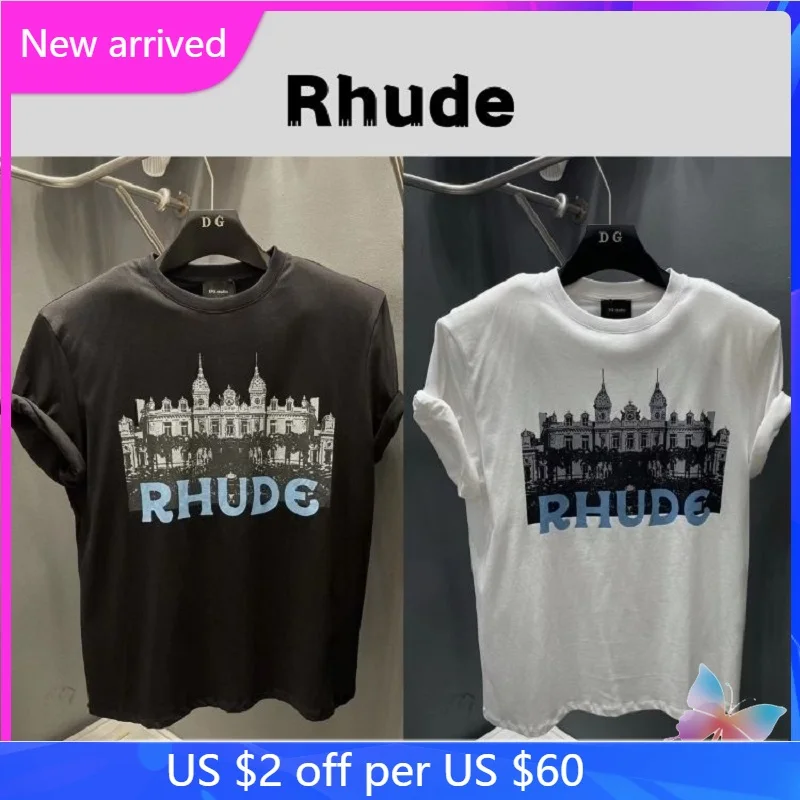 

Summer Rhude T-shirts Letter Print Shoulder Pad Loose Short Sleeve T Shirt
