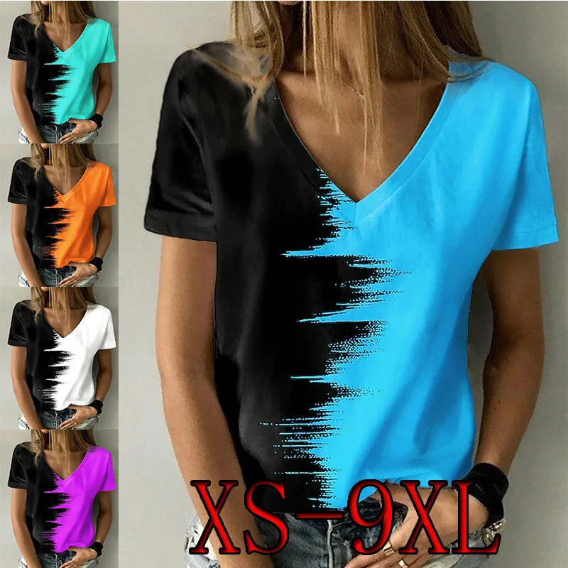 

Women's Fashion New Short Sleeve Casual Loose Print T-Shirt Summer V-Neck Sexy Plus Size T-Shirt XS-9XL