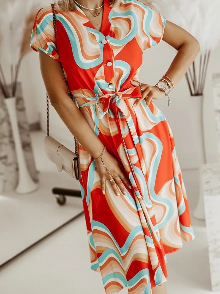 

Women Elegant Printed Office Dress 2022 Fashion V-Neck Button Lace-Up Large Swing Dress Office Temperament High Waist Midi Dress