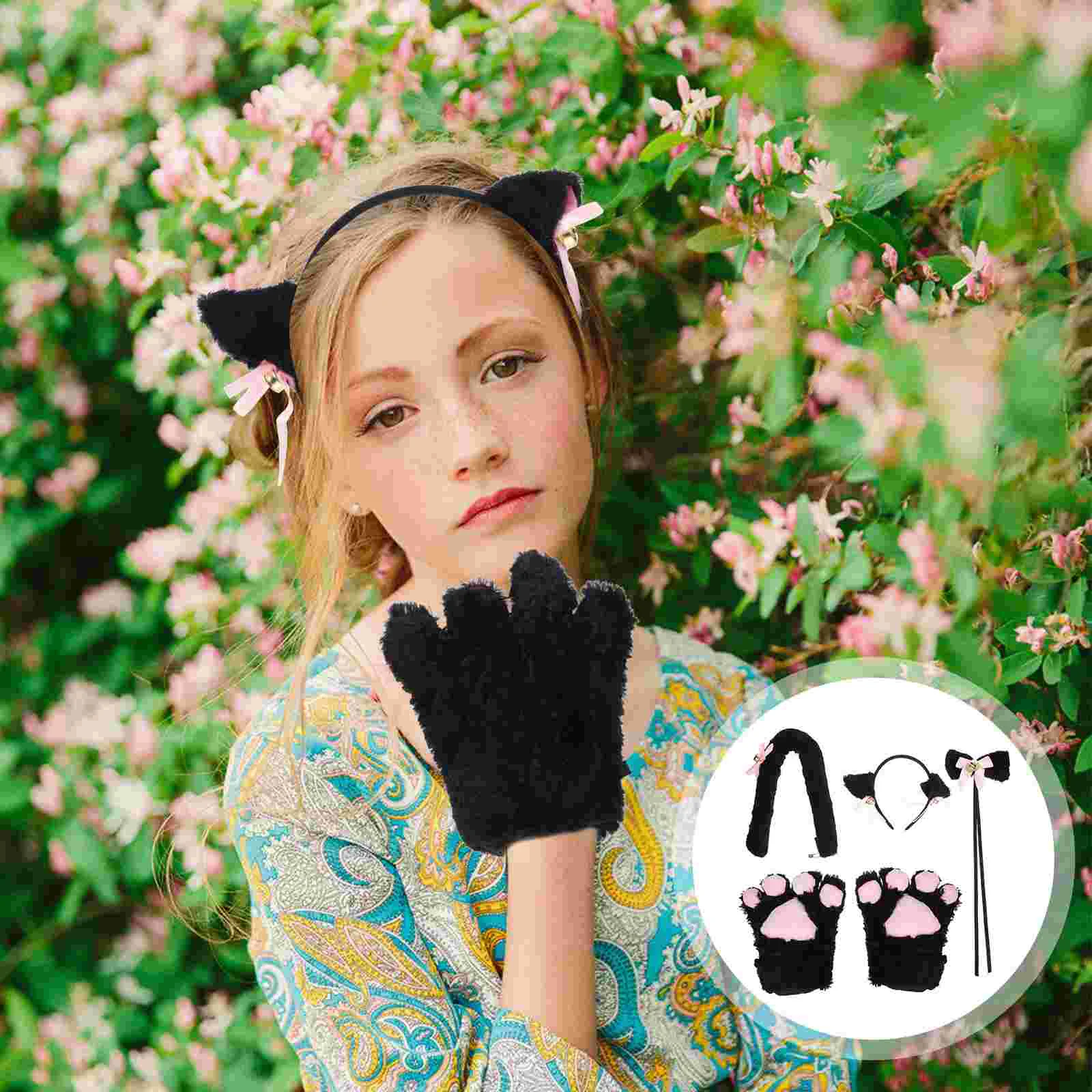 5 Pcs Creative Cat Cosplay Costume Kitten Tail Ears Collar Paws Gloves Lolita Gothic Set for Party (Black)