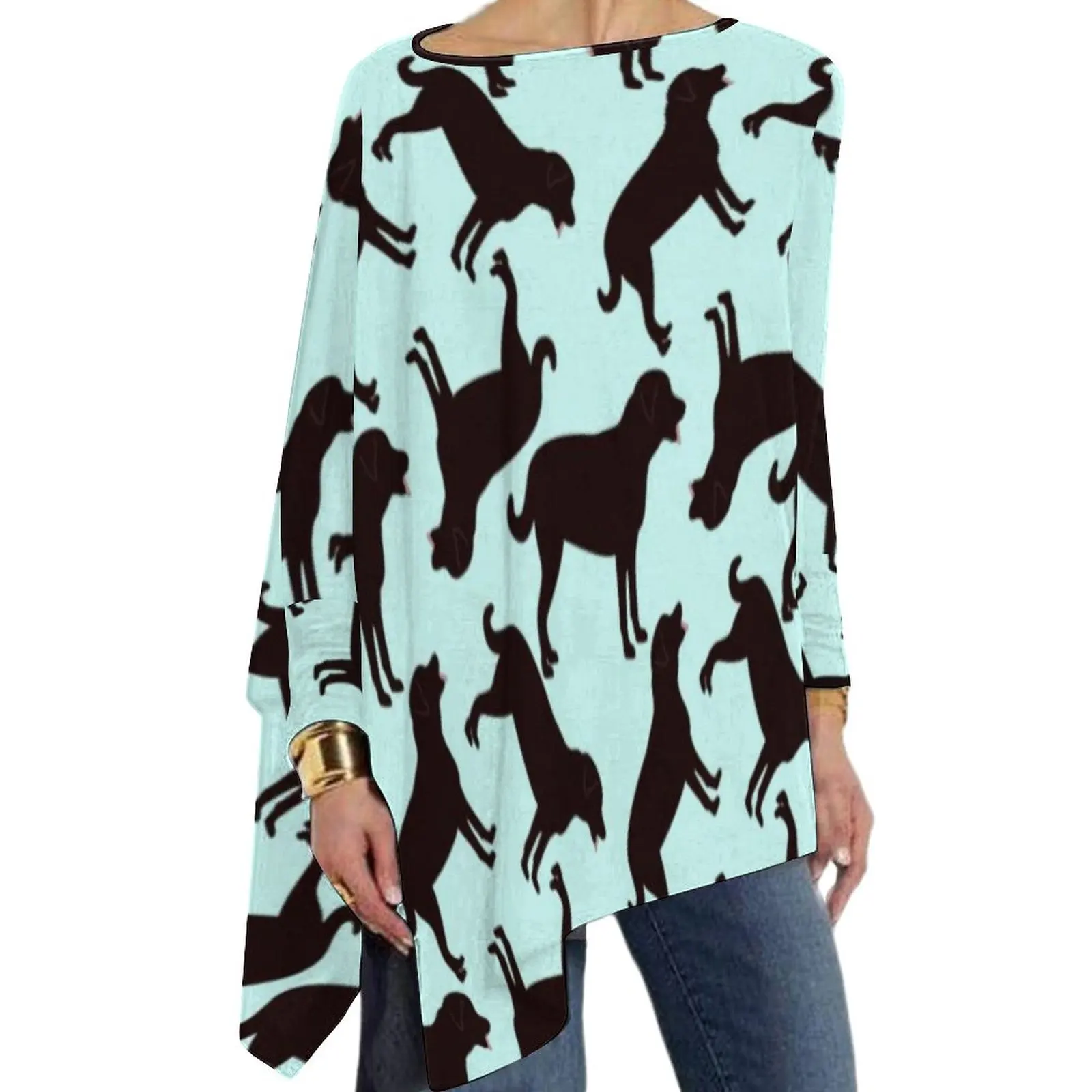 

Animal Silhouette T-Shirt Black Lab Dog Vintage Long Sleeve T Shirts Loose Oversize Tee Shirt Ladies Pattern Tops Gift Idea