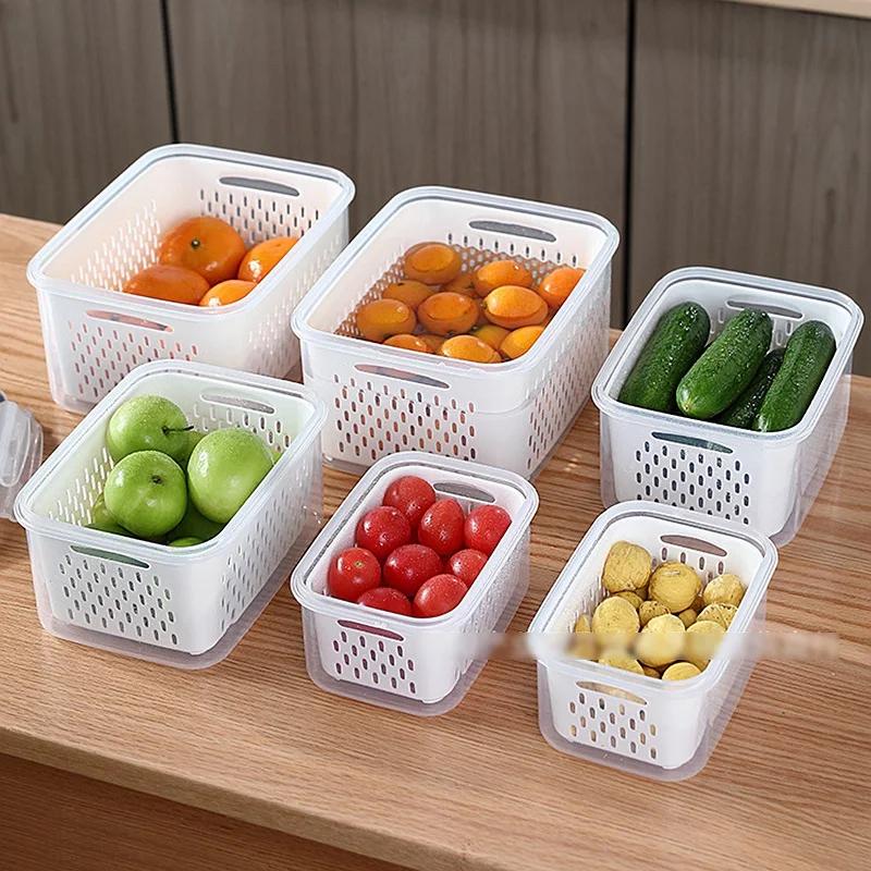 

Refrigerator Storage Box 3 Size Fresh Vegetable Fruit Eggs Food Boxes Containers Drain Basket With Lid Kitchen Accessories