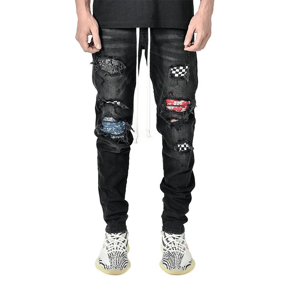 Men Skinny Ripped Jeans Fashion  Grid Patches Slim Fit Stretch Casual Denim Grafitti Painting Pants Jogging High Street Hole