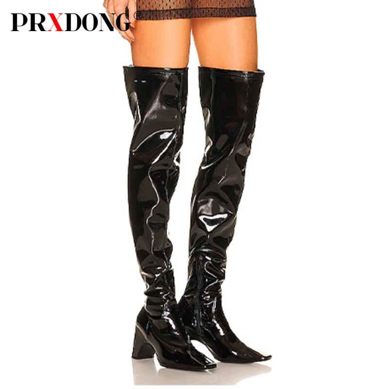 

Женские сапоги выше колена PRXDONG, черные сапоги на высоком массивном каблуке, с квадратным носком, на молнии, Осень-зима