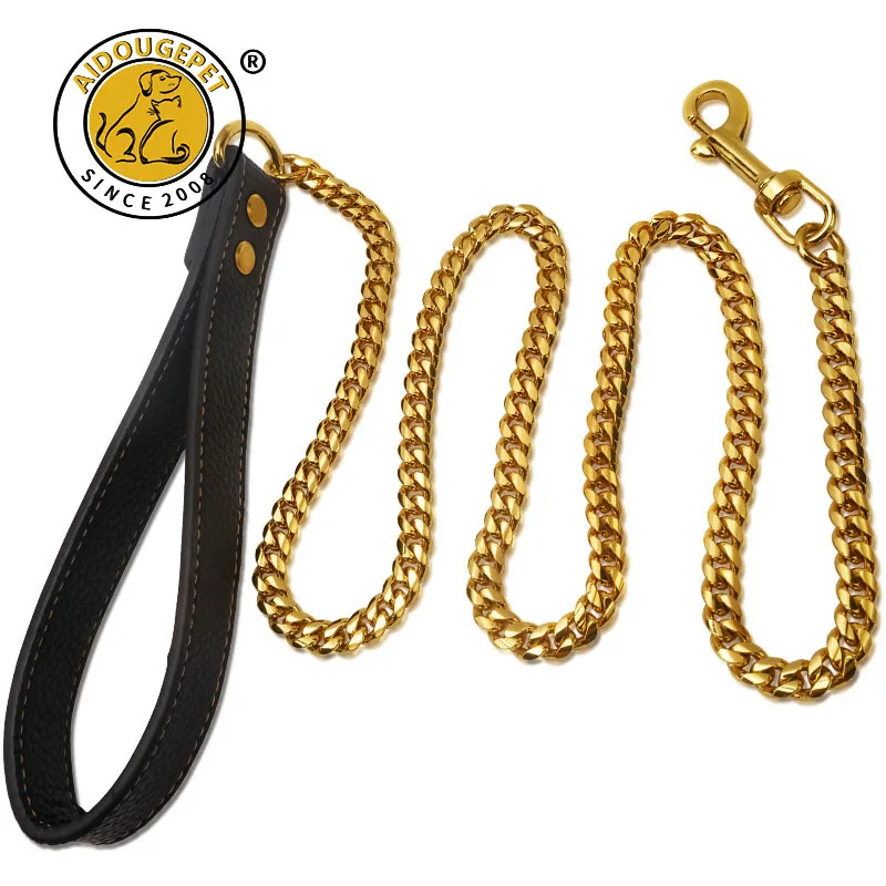 

Metal Dog Leash Stainless Steel Chain 18K Gold Pet Lead with Soft Pu Leather Handle For Medium Large Dog Walking Training