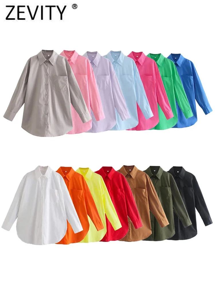 

ZEVITY Women Fashion Candy Colors Pockets Patch Loose Poplin Blouses Ladies Long Sleeve Business Shirts Blusas Chic Tops LS731