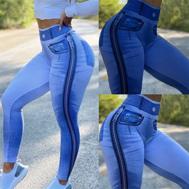

Women Causal High Waist Faux Jeans Seamless Butt Lifting Long Pants Solid Color Skinny Elastic Pencil Tight Pants New