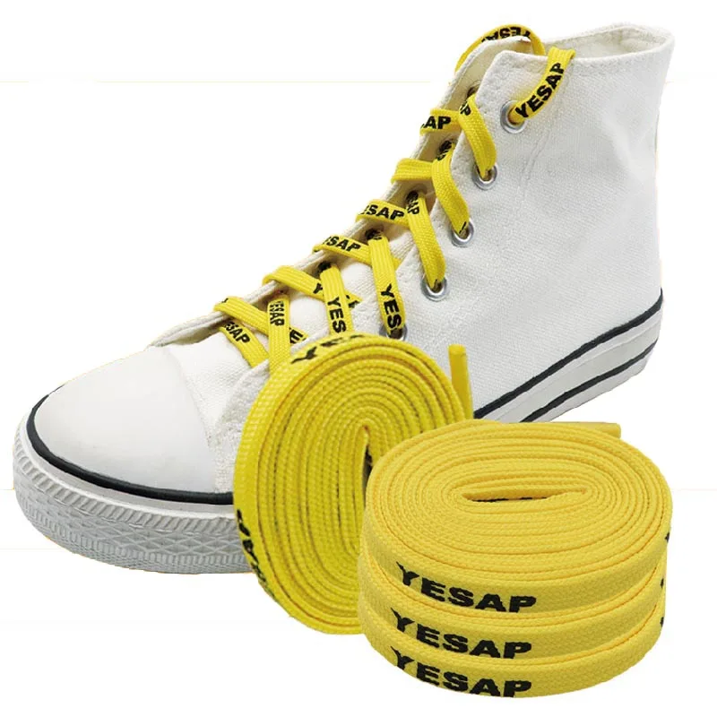 

7MM Superior Shoe Accessory Silk Screen Yellow Black Letter Printing Unisex Canvas Shoelaces Customizable For Bulk