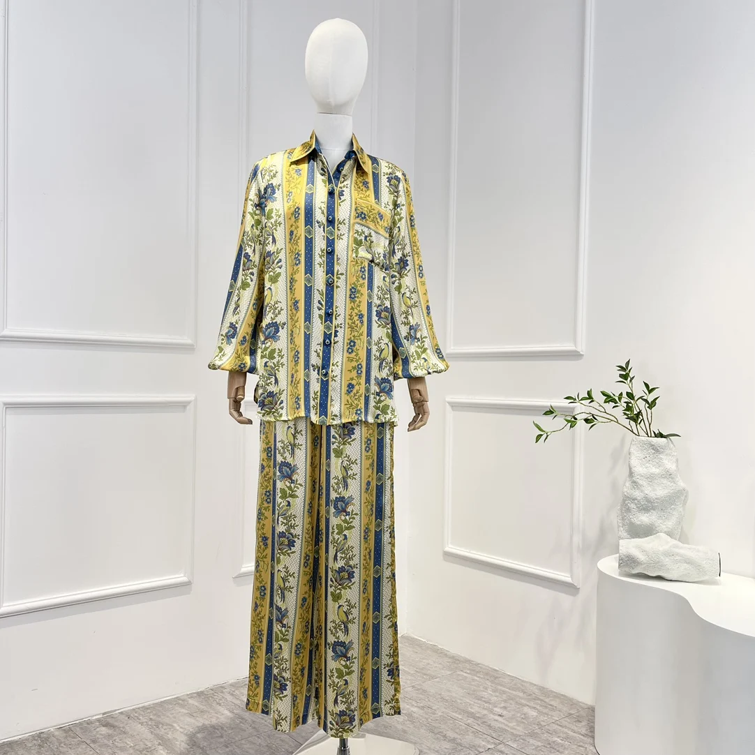 

2023 New Blouse and Wide Leg Pants Woman Set Spring Summer Pure Silk Satin Stripes Floral Printing Long Lantern Sleeve Clothing