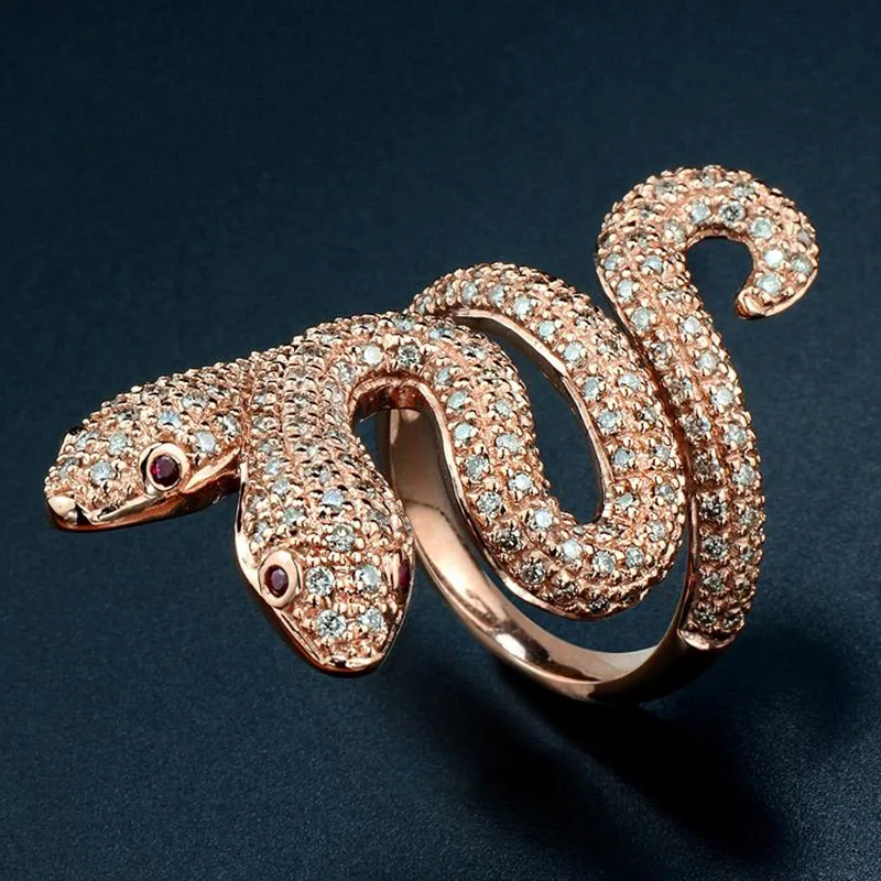 

Exquisite Rose Gold Color Full Zircon Two Headed Snake Rings for Men Women's Goth Punk Rings Party Jewelry Accessories