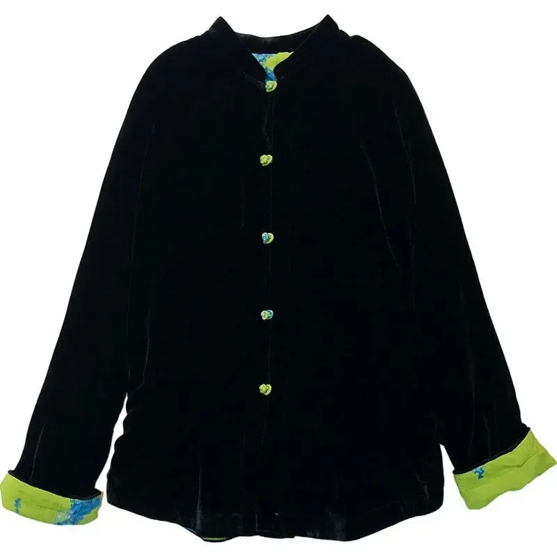 Женский бархатный блейзер в китайском стиле демисезонный контрастный черный с