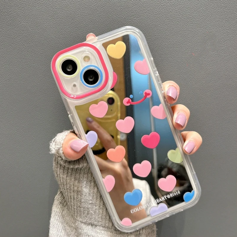 

Colorful Love Heart Smiley Make Up Mirror Phone Case For iPhone 13 Pro Max 14 12 11 Soft Bumper Shockproof Cover Capa