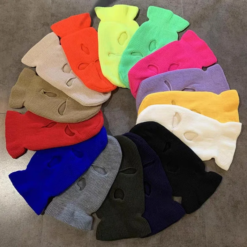 

New Full Face Cover Ski Mask Hat Unisex 3 Holes Knitted Balaclava Caps for Winter Outdoor Sports Hip Hop Multiple Color Beanies