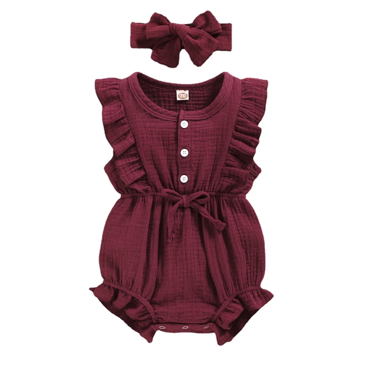 Комбинезон для новорожденных девочек + повязка на голову с оборками рукавах -