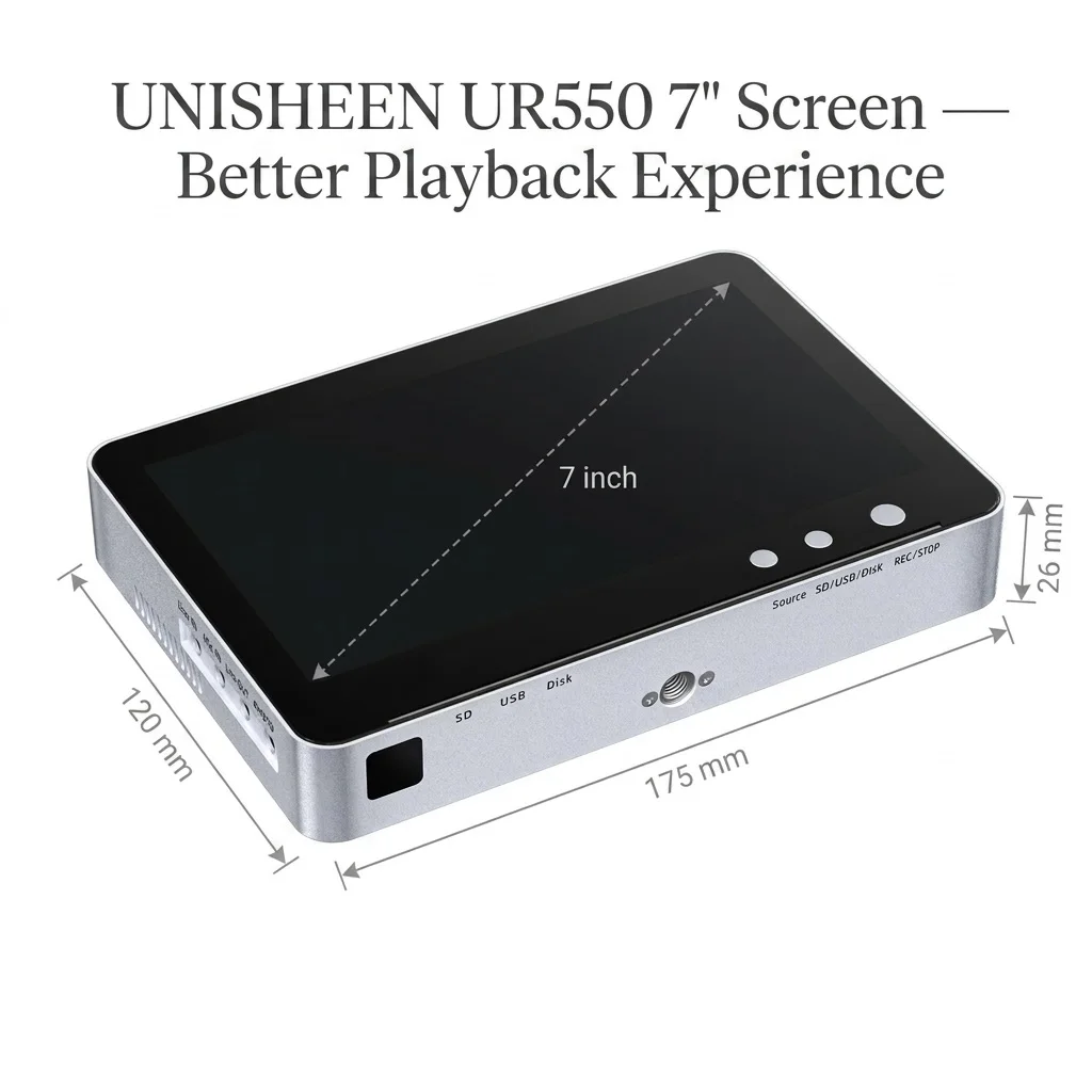 UNISHEEN UR550 7-дюймовый автономный видеорегистратор с ЖК-дисплеем, эндоскоп, микроскоп, записывающее устройство с ножным переключателем, функцией скриншота, HDMI, SDI, DVI, VGA, RCA (art.: 3920d97e02701) - 3920d97e02701