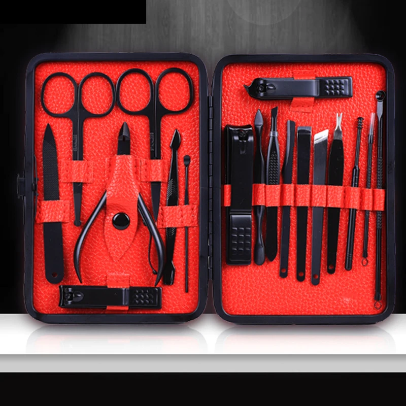

18Pcs Professional Unisex Nail Art Tools Stainless Steel Ear Pick PU Leather Tweezer Scissors Clipper Manicure Set Pedicure Kit