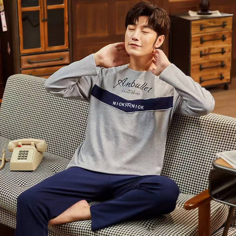 Spring/Autumn Pajamas Set Men Long-sleeved Trousers 100%Cotton  2 Piece Set Sleepwear Loose Home Clothes Homewear Nightwear