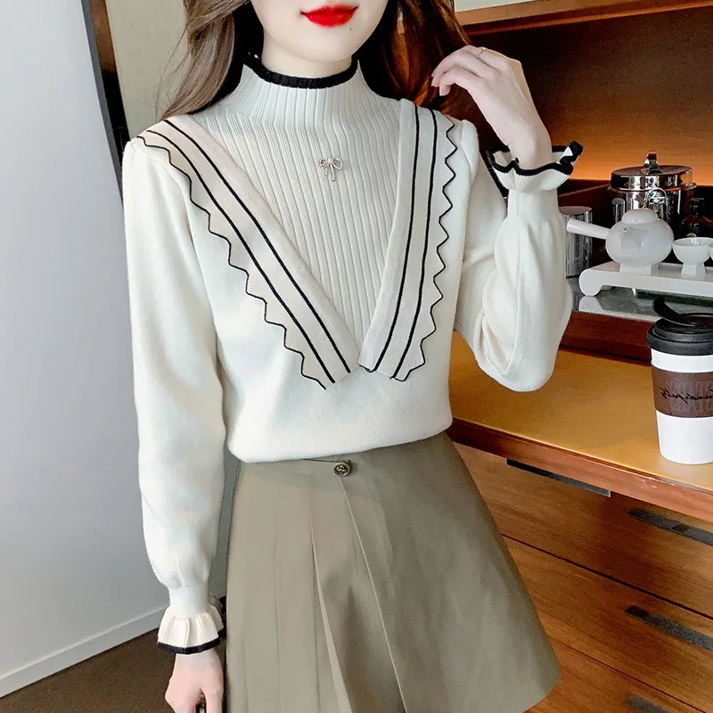

2023 Spring and Autumn New Half Turtleneck Ruffled Knitwear Sweater Temperament Slimming Inner Bottoming Shirt Top