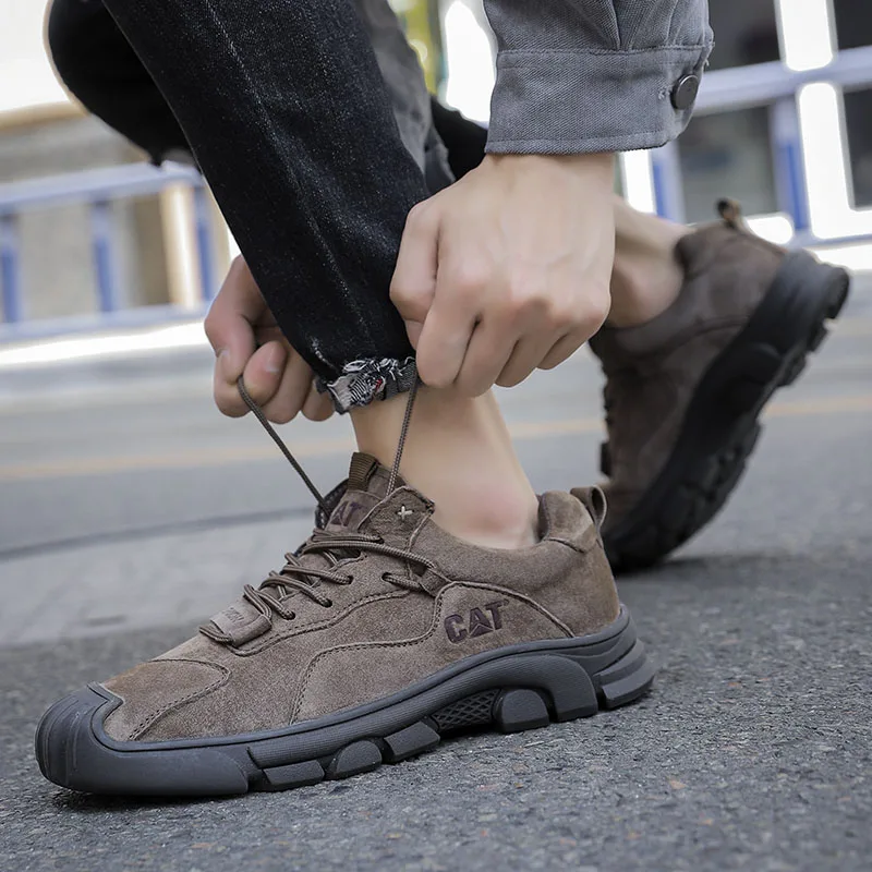 HIKEUP Men's Casual Leather Shoes Toe Workwear Shoes Trendy Pigskin CAT Suede Non-slip Sole Comfort Stable and Hard-wearing