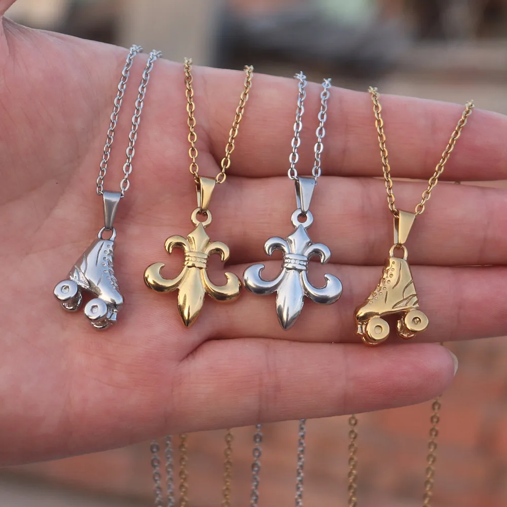 Fleur De Lis Saint Necklace 316L Stainless Steel Jewelry Hip Hop Roller Skate Charm Necklace For Women Men Sport Gift Accesorios