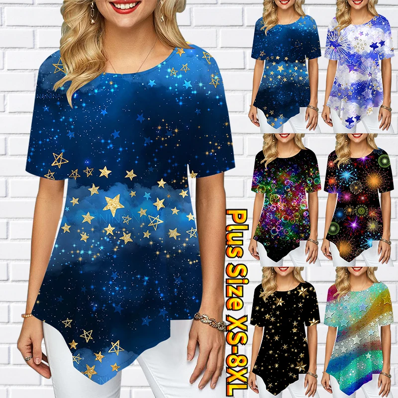 

2022 Ladies Oversize Tops Casual Short Sleeve Round Collar Loose T Shirt Size Women 3D Stars Printed Tee Summer Clothes Pullover