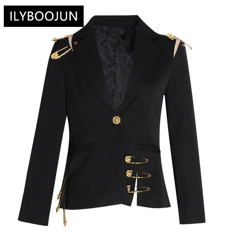 

Loose Fit Black Hollow Out Pin Spliced Jacket Blazer New Lapel Long Sleeve Women Coat Fashion 2022 Autumn Winter