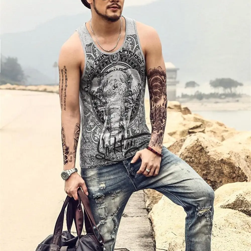 

Vintage Elephant Print Men Summer Bodybuilding Vest Loose Sleeveless Tank Top