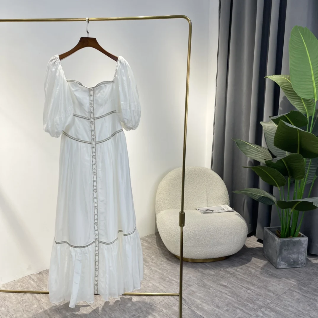 

Off The Shoulder Elegant Woman Clothing 2022 Summer Unique Designer Embroidered Buttons Deco Short Sleeve White Long Dress