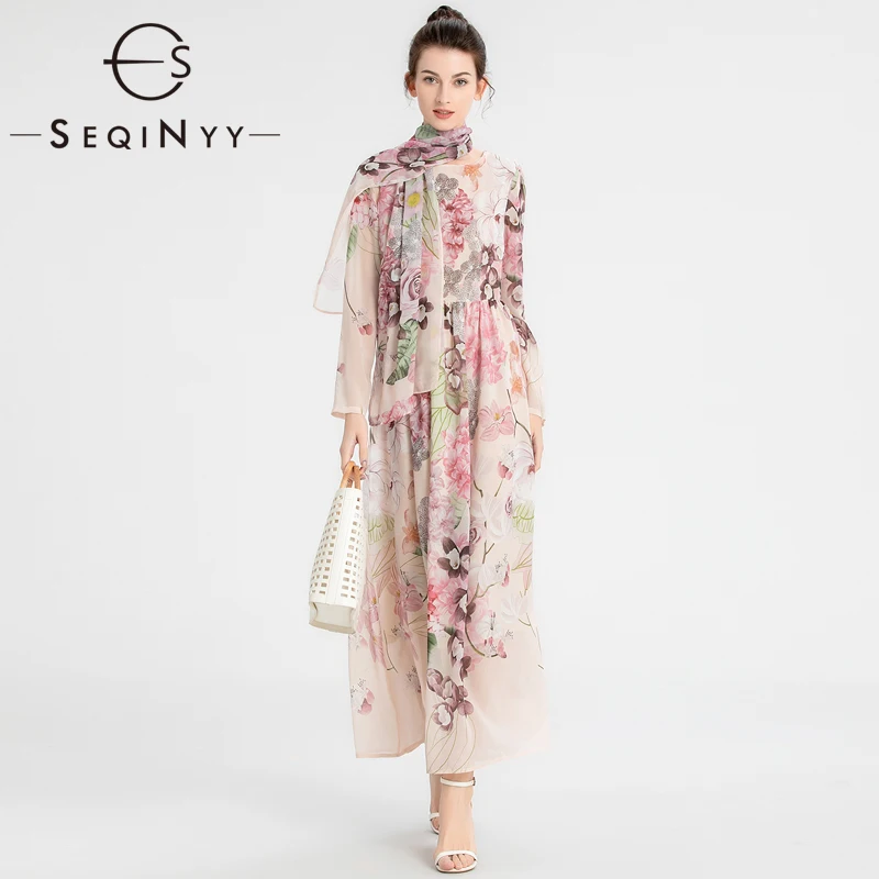 SEQINYY Chiffon Dress Summer Spring New Fashion Design Women Runway Vintage Flowers Print Elegant Midi with Scarf A-Line Holiday