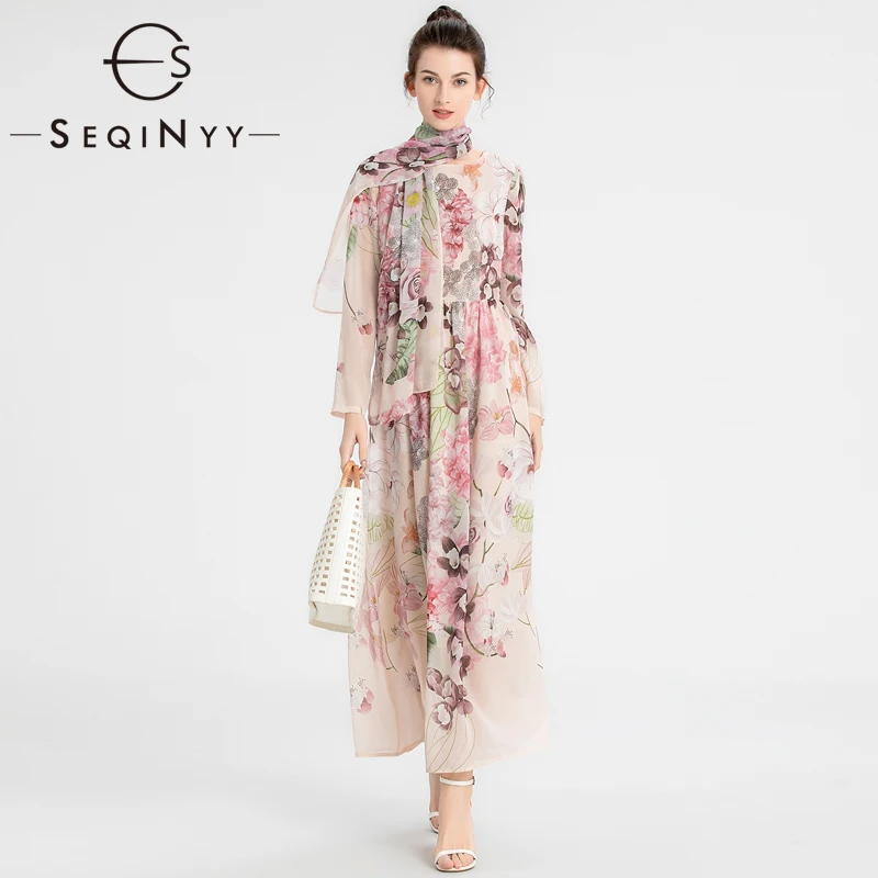 

SEQINYY Chiffon Dress Summer Spring New Fashion Design Women Runway Vintage Flowers Print Elegant Midi with Scarf A-Line Holiday