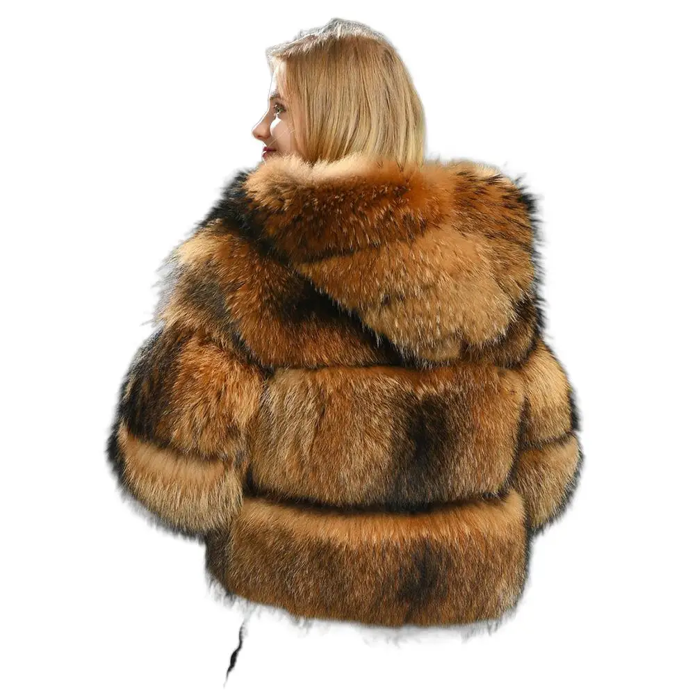 Natural Real Fox Fur Hooded Jacket For Women Fashion Slim Noble Short Outwear Winter Natural Raccoon Fur Thicken Warm Parka Coat