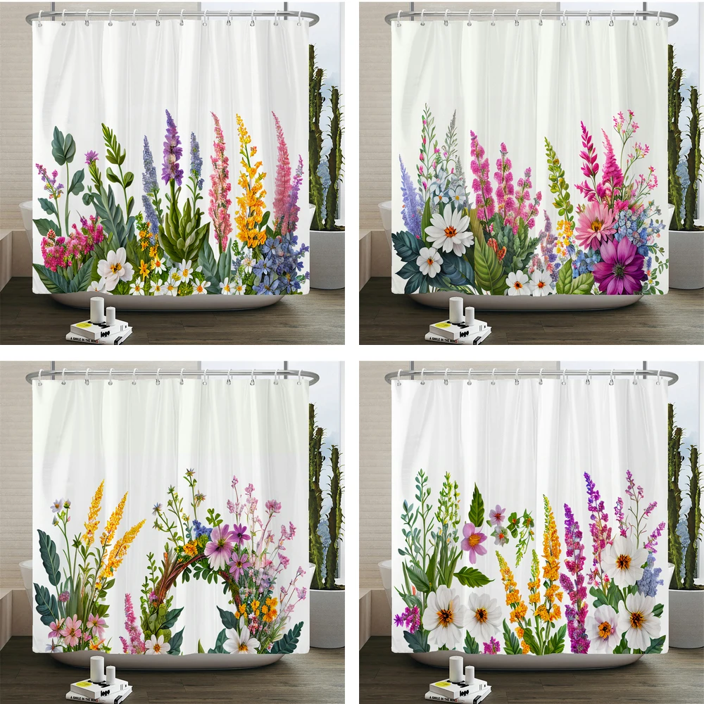

Colorful Flowers Shower Curtain Bathing Partition Curtain Romantic Bathroom Curtain Polyester Waterproof Bath Curtain With Hooks
