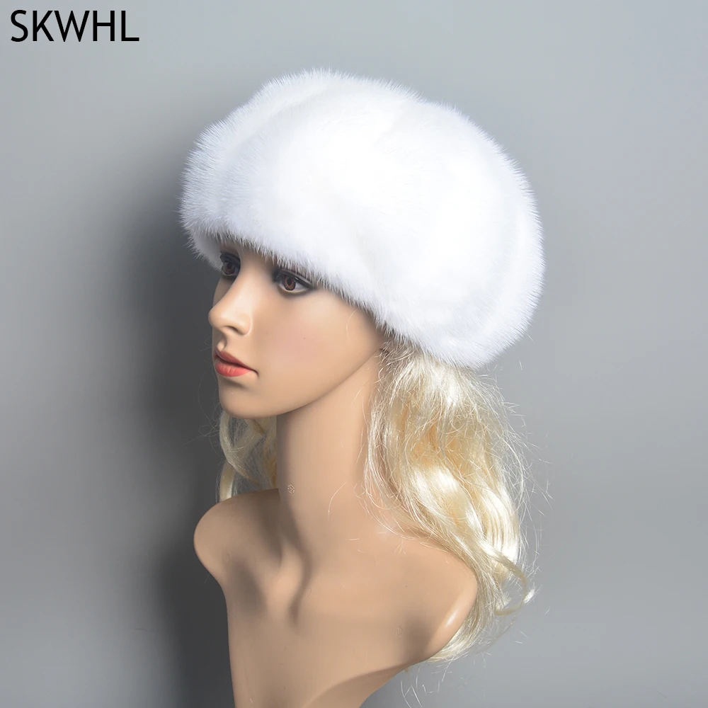 Female Pumpkin Real Mink Fur Caps Luxury Full Pelt Women Genuine Mink Fur Beanies Cap Outdoor Keep Warm Natural Mink Fur Hat