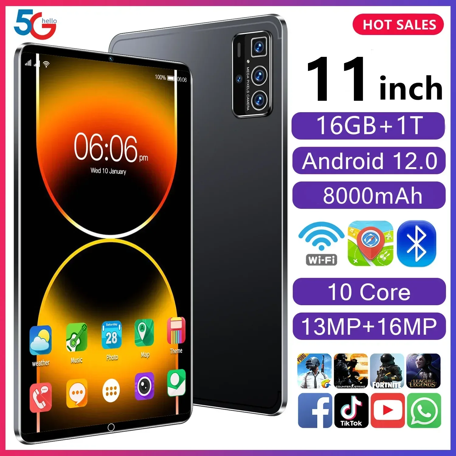 

5G 2023 Global Version New 11 Inch 16GB RAM 1T ROM Android 12 Tablet Deca Core Dual LTE Phone Call Bluetooth WiFi Google Tablet