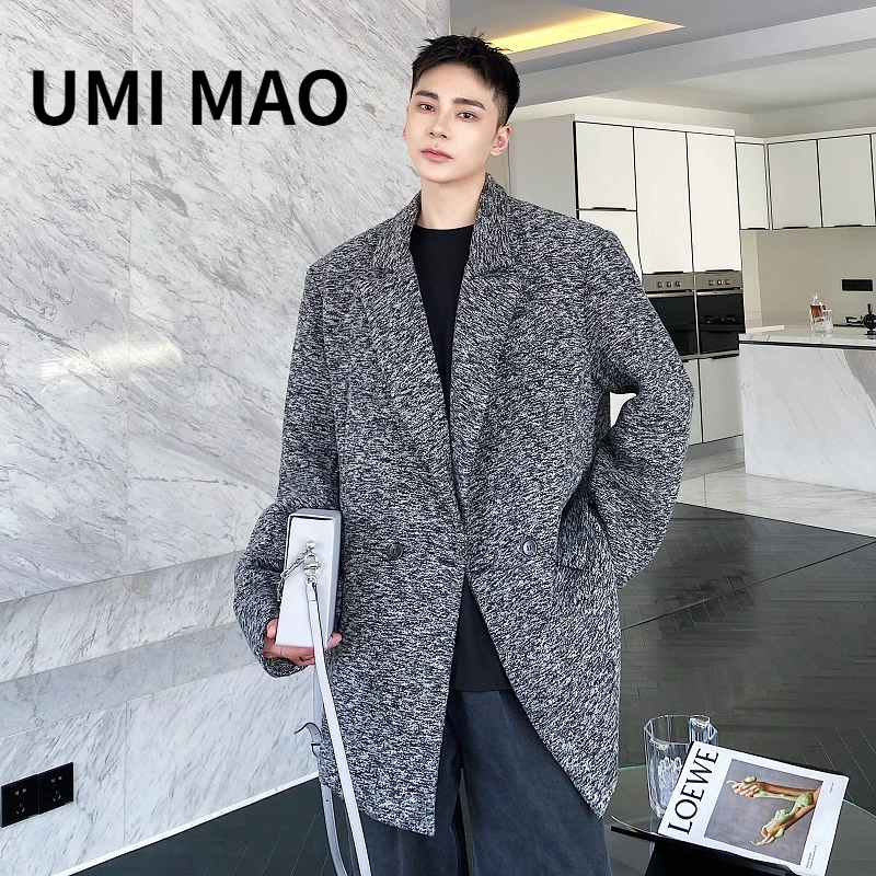 

UMI MAO Yamamoto Dark Design Autumn Winter Korean Thickened Tweed Lapel Men's Coat Yuppie Suit Collar Tweed Trench Coat