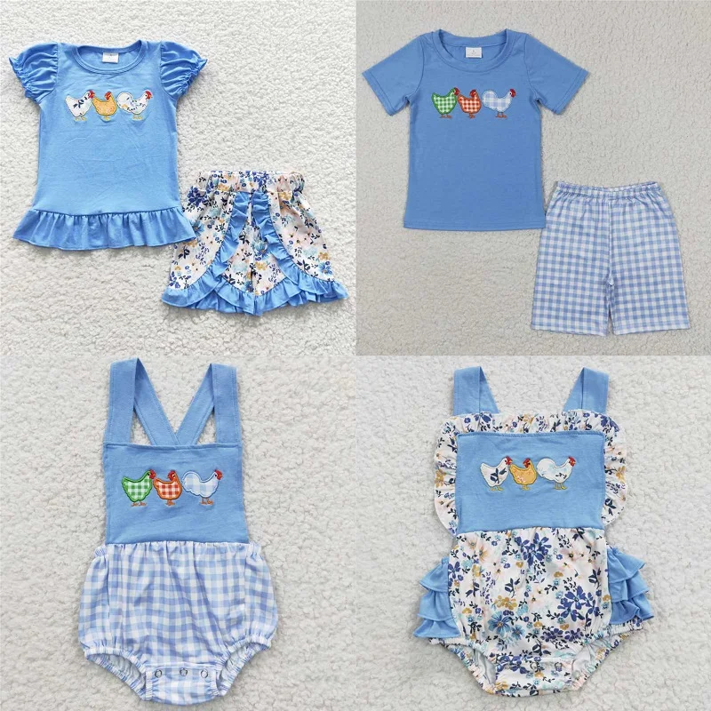 

New Fashion Cute Boys Girls Embroidered Flower Rooster Blue Short Sleeve Shorts Match Set Boutique Wholesale Romper Set