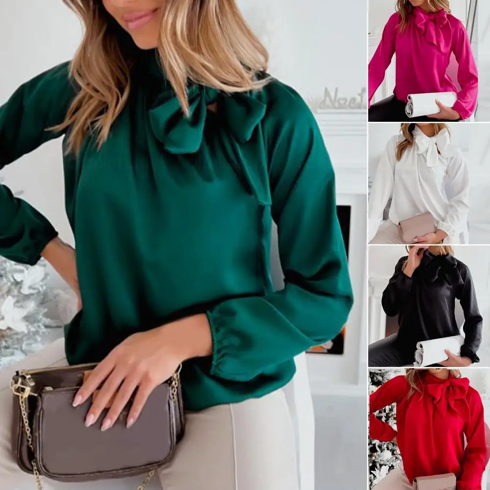 

Bow-knot Decor Great Long Sleeve Loose Autumn Blouse Wearable Woman Blouse Anti-deform for Outdoor