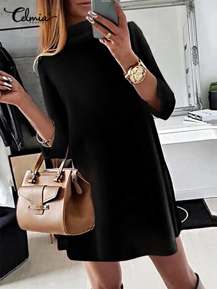 

Spring Autumn Women Knitted Short Dress 2022 Celmia 3/4 Sleeve Loose Pullover Mini Vestidos Casual Lightweight A-line Robes