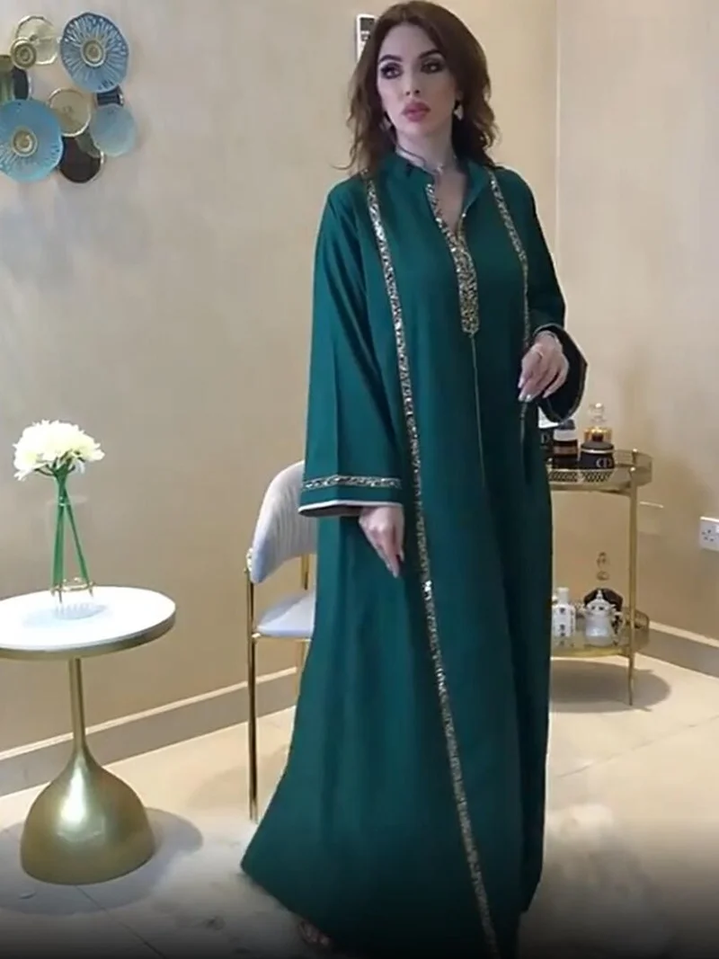 Morocco Abaya Women Dress Diamond Tape Trim Maxi Dress Autumn 2022 Stand Collar Long Sleeve Loose Oman Turkey Dubai Muslim Robe