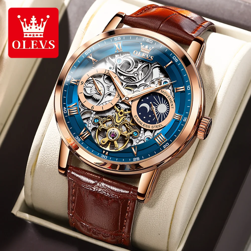 

OLEVS 6670 Mechanical Men's Watches Waterproof Luminous Automatic Watch For Men 24 Hour Moon Phase Hollow Dial Man Wristwatch