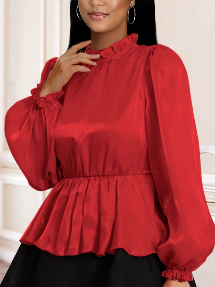 

Женские блузки с длинным рукавом-фонариком, блестящие тонкие прозрачные топы, рубашка, модные блузы, осенне-весенние розовые элегантные Нов...