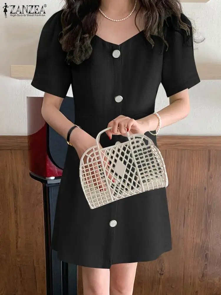

Elegant Solid Shirt Dress 2022 ZANZEA Women Summer Sundress Casual Puff Short Sleeve Mini Vestidos Female Button Robe Oversized