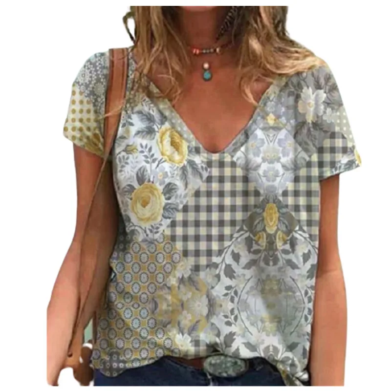 

2021 New Women Plant Flower Print T Shirt Summer Short Sleev V-Neck Streetwear Tops Casual Loose Oversized Fashion Ladies Shirt